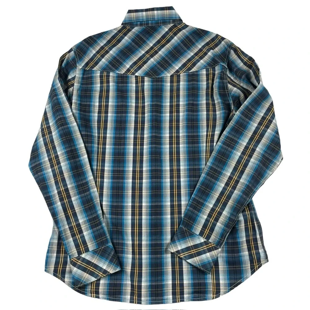 True Religion Blue White Yellow Checked Cotton Sawtooth Square Pearl Snap 3XL